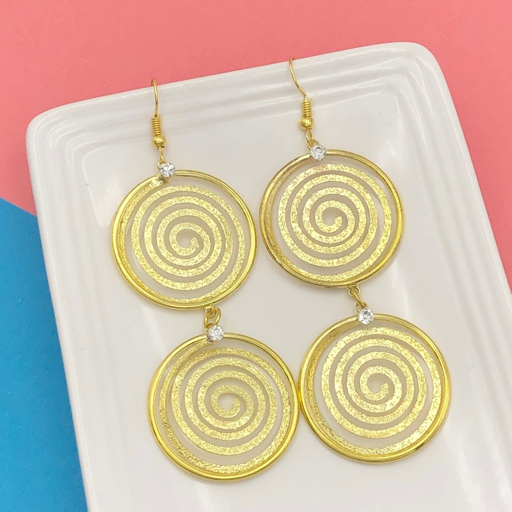 🍀 Gold Double Spiral Disk Dangle Earrings